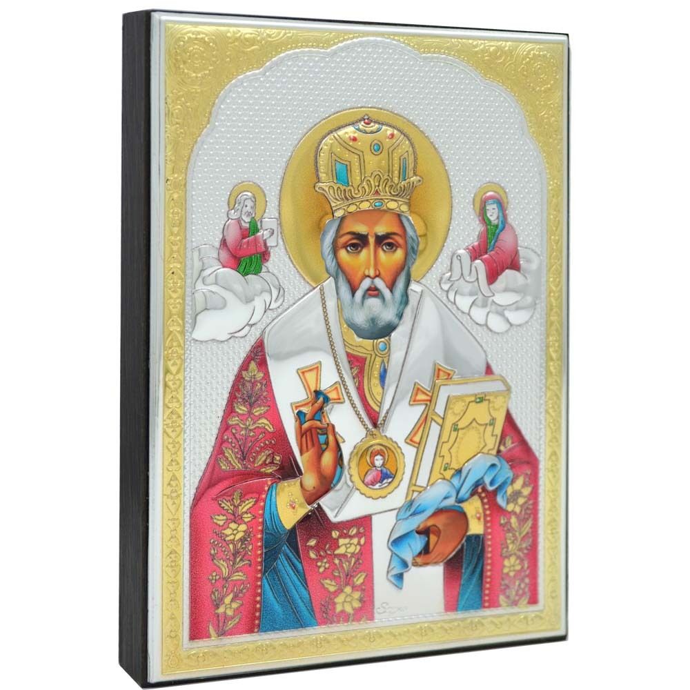 Николай Чудотворец с предстоящими. Икона в серебряном окладе.