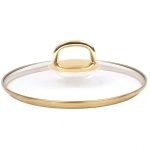 Крышка стеклянная 200мм, с ободом и пароотводом из нерж. стали под золото и ручкой-кнопкой