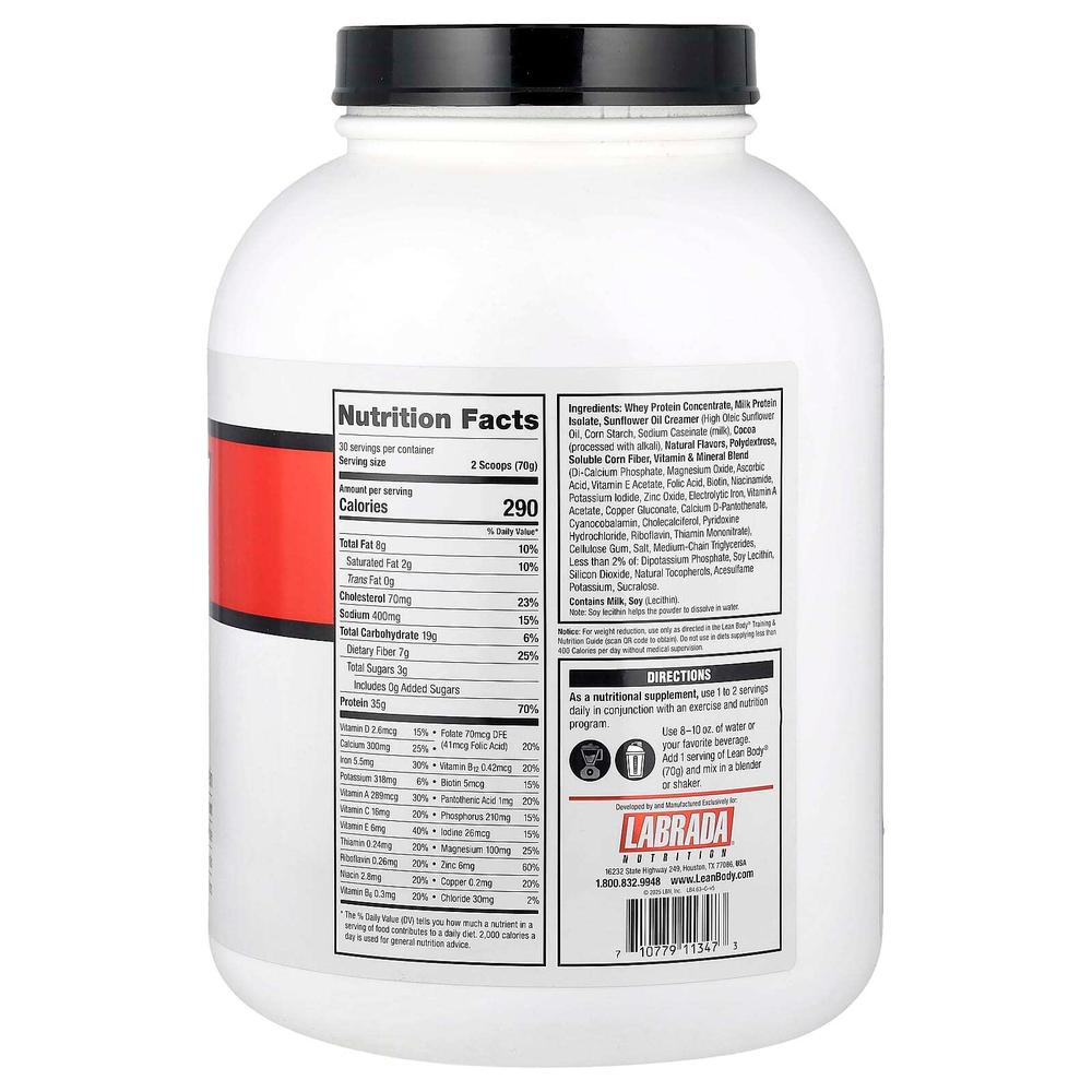 Labrada Nutrition, Lean Body, протеиновая смесь для приготовления коктейля, со вкусом шоколада, 2100 г (4,63 фунта)
