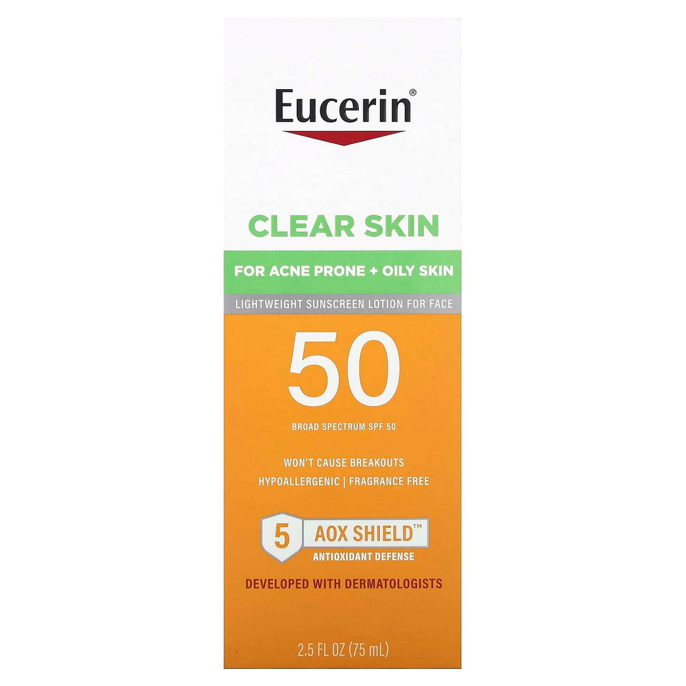 Eucerin, Clear Skin, легкий солнцезащитный лосьон для лица, SPF 50, без отдушек, 75 мл (2,5 жидк. унции)