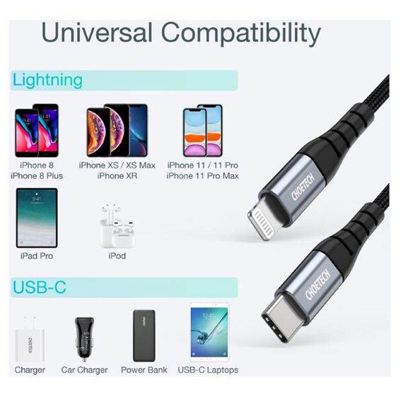 Кабель Choetech Nylon Braided Cable MFi USB-C to Lightning 1.2 м (IP0039), темно-серый