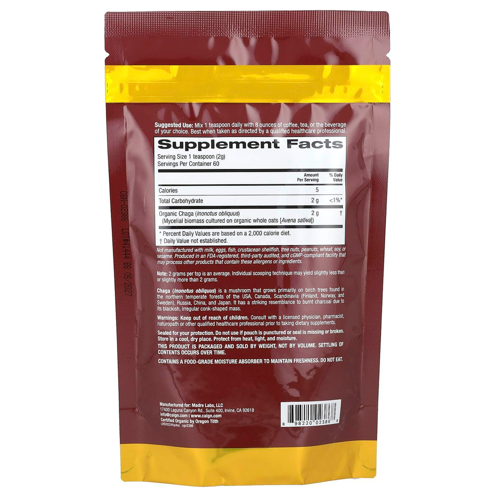 California Gold Nutrition, Fungiology®, порошок из сертифицированной органической чаги, 120 г (4,2 унции)