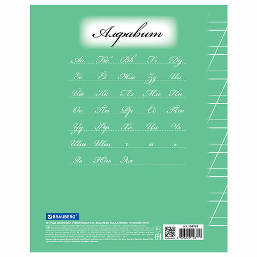 Тетрадь 12 л. BRAUBERG ЭКО "5-КА", косая линия, обложка плотная мелованная бумага, ЗЕЛЕНАЯ, 104762