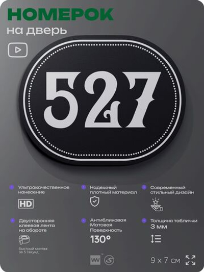 Номерок на дверь квартиры 527, для кабинета, офиса, шильдик 9 х 7 см, черный, Айдентика Технолоджи