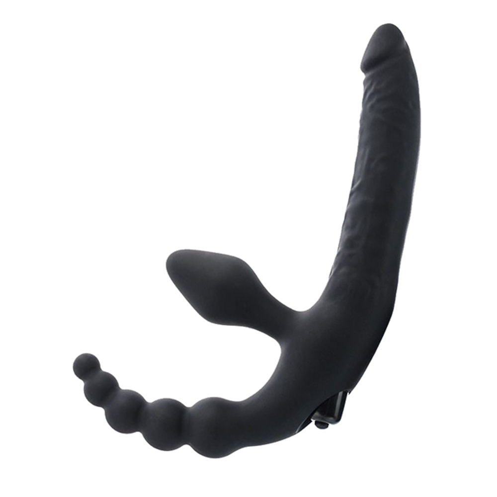 Чёрный безремневой страпон с вибрацией и анальным отростком ToyFa Black&Red 901401-5