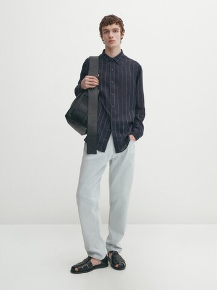 Massimo Dutti Льняная рубашка облегающего кроя с короткими рукавами, серый