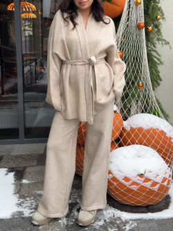 Комплект вязаный, кардиган с поясом и брюки