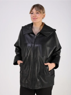 Кожаная куртка демисезонная оверсайз с капюшоном