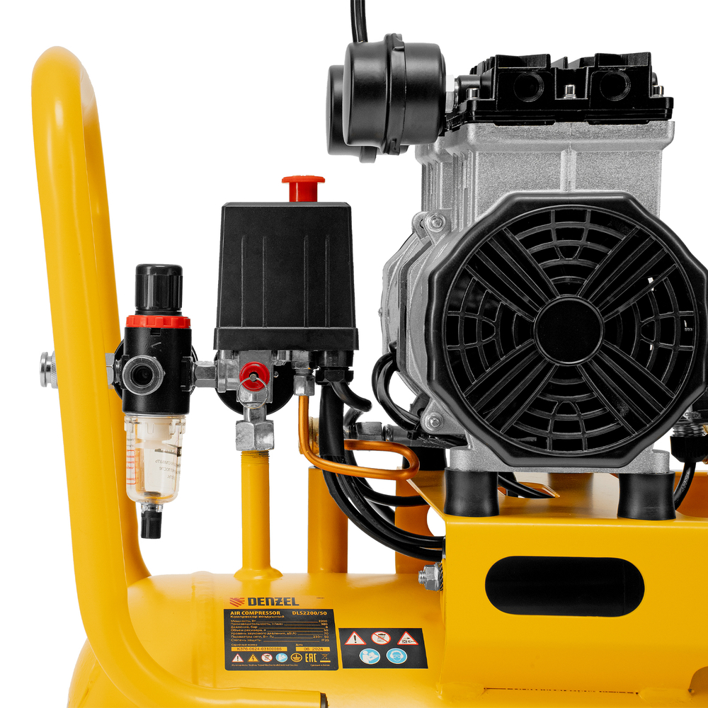Компрессор безмасляный, малошумный DLS 2200/50, 2200 Вт, 2x1100, 50 л, 380 л/мин Denzel