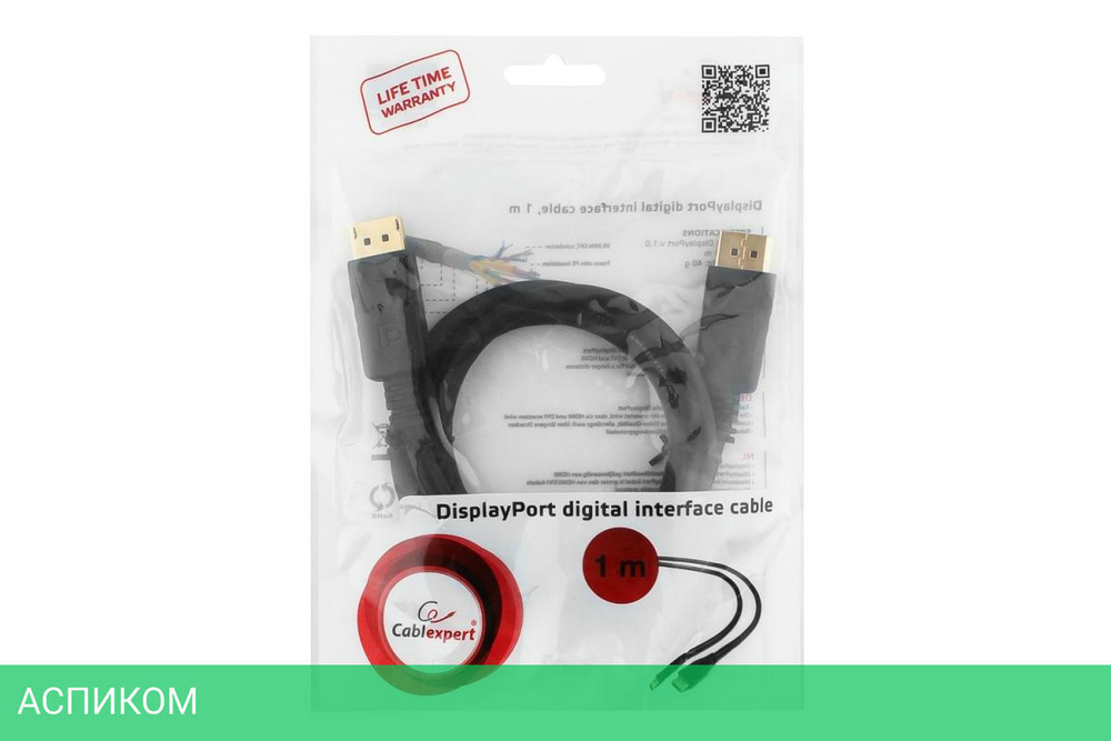 Кабель Cablexpert DisplayPort Cablexpert CC-DP-1M, v1.1, 1м, 20M/20M, черный, экран, пакет Чёрный