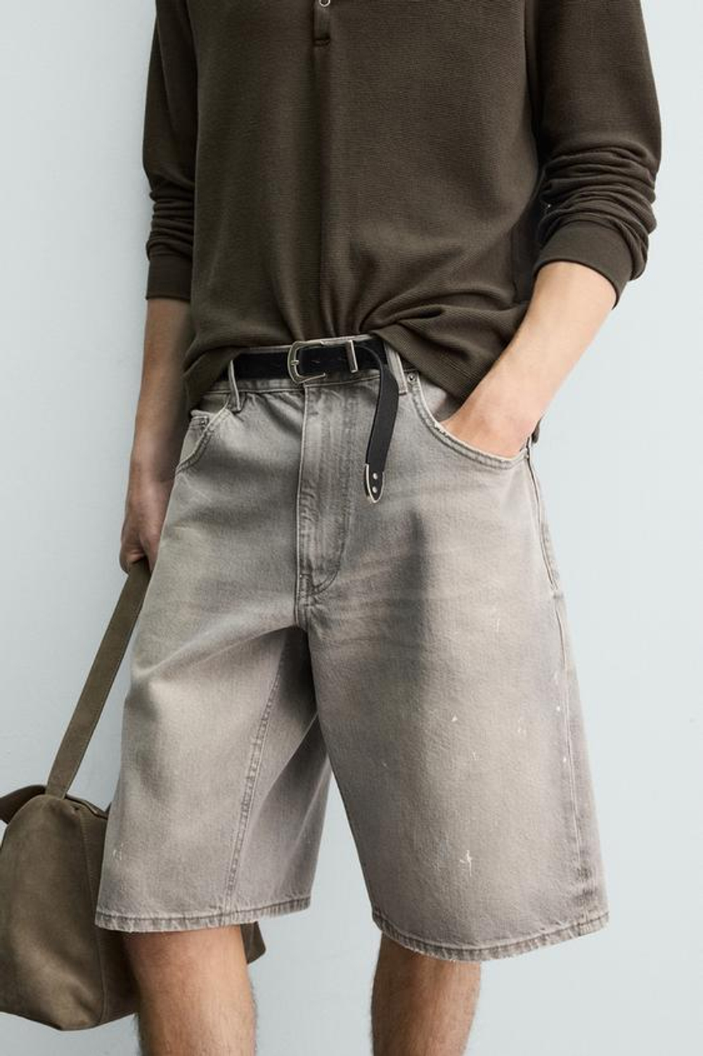 ZARA ДЖИНСОВЫЕ ШОРТЫ BAGGY FIT С БРЫЗГАМИ, БЕЖЕВЫЙ