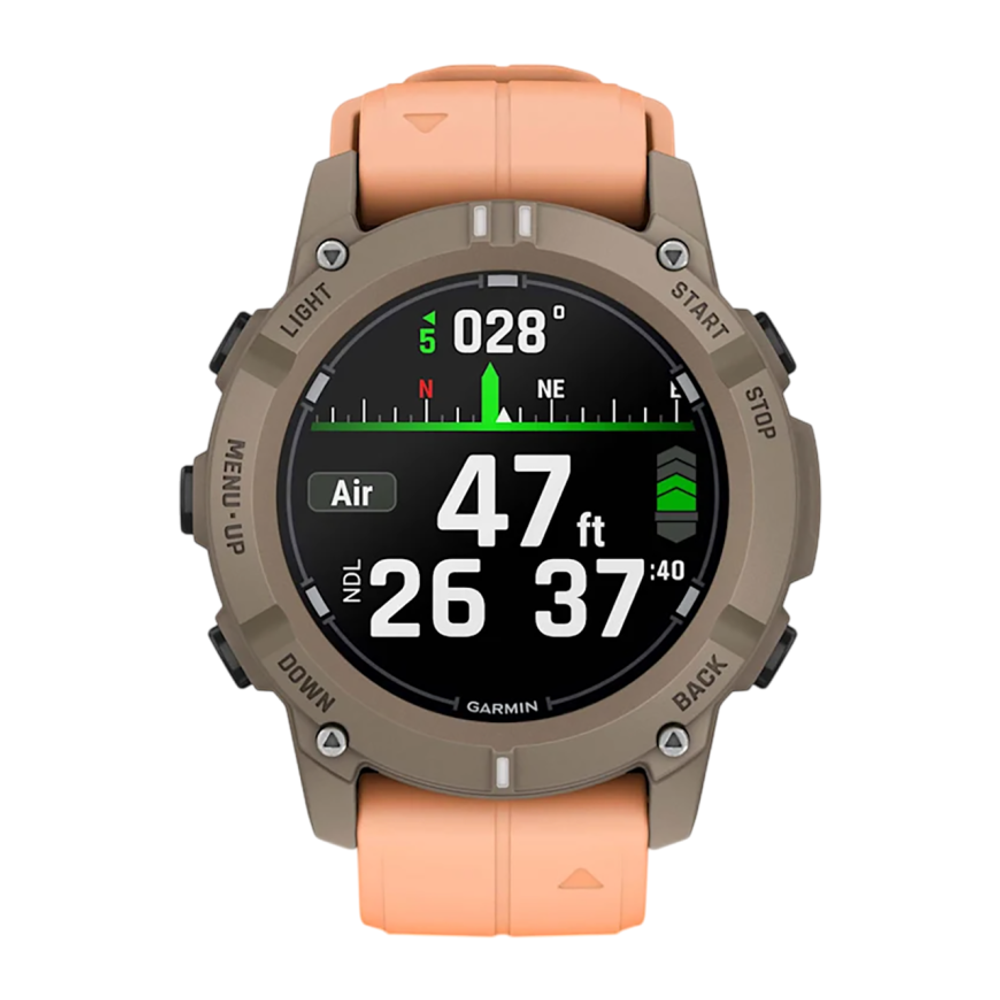 Спортивные часы Garmin Descent G2, силиконовый ремешок цвета «морская ракушка» Безель цвета «палома», AMOLED-дисплей с сапфировым стеклом. Ремешок с классической застёжкой — на запястье обхватом 128–224 мм