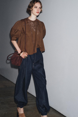 ZARA БЛУЗА С КРУЖЕВОМ - ZW COLLECTION, КОРИЧНЕВЫЙ