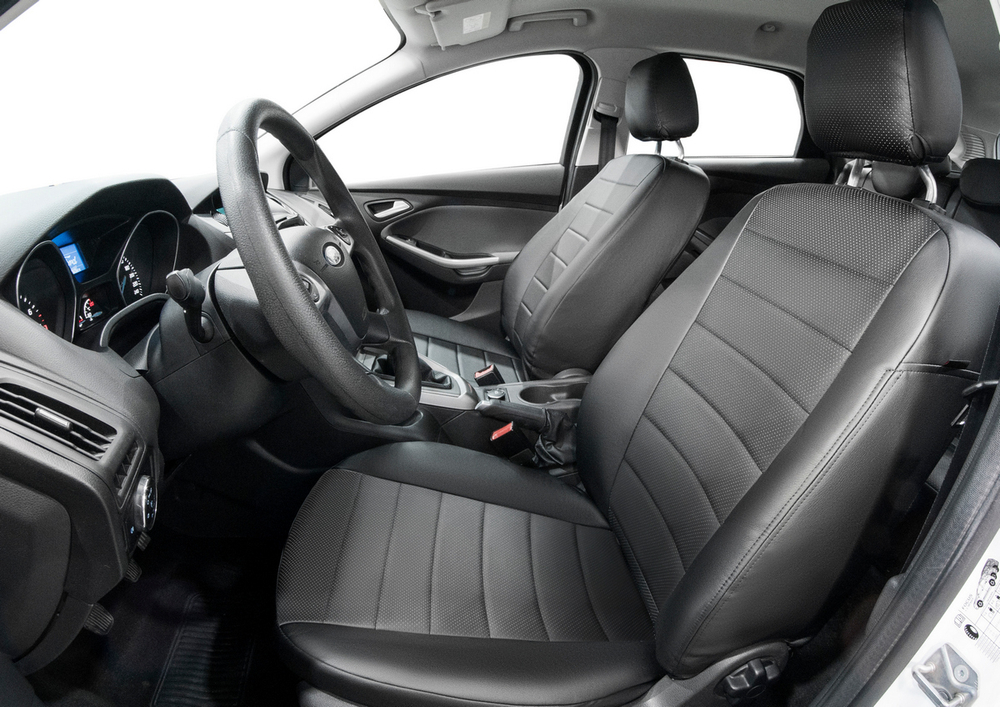 Авточехлы Rival Строчка (зад. спинка 40/60) для сидений Ford Focus III седан, хэтчбек, универсал (Ambiente и Trend) 2011-2019, эко-кожа, черные, SC.1801.1