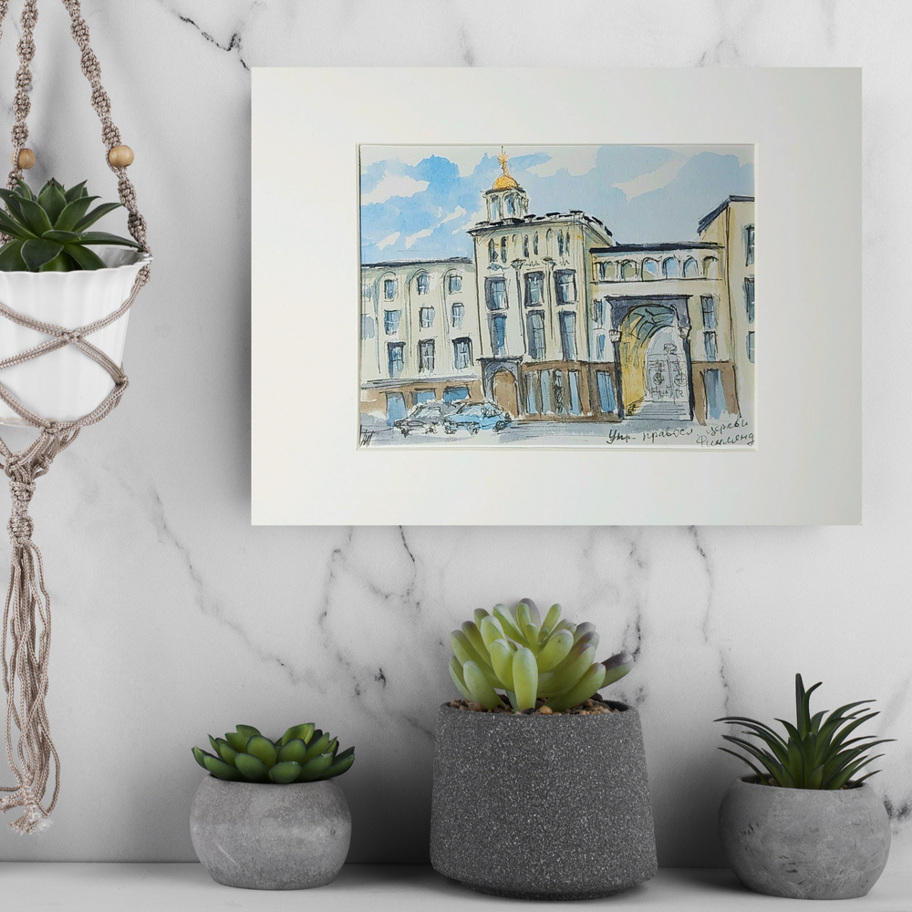 Картина акварельная авторская в паспарту 15х20 см на стену для интерьера "Управление церкви"