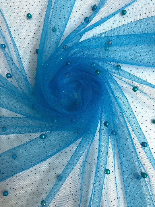 Сетка с бусами бирюза голубая, бусы бирюза, глиттер бирюза С7