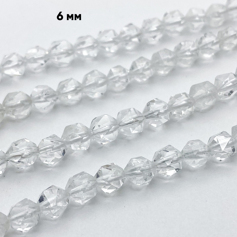 Бусины Горный хрусталь крупной огранки, размер около 6 мм, цена за 15 шт (1/4 нити)