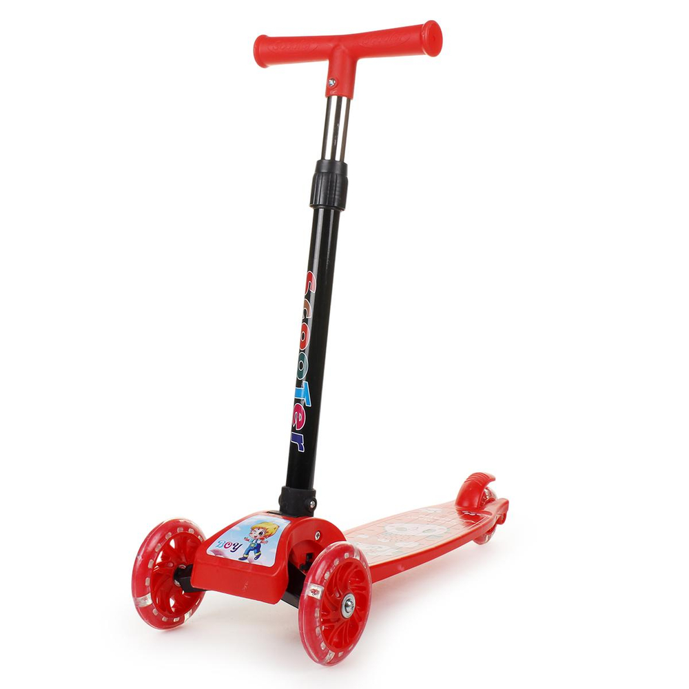 Кикборд эконом самокат детский 3 х колесный, со светом, красный