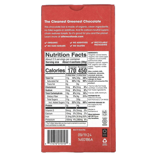 Alter Eco, органический темный шоколад, плитка из киноа, 60% какао, 80 г (2,82 унции)