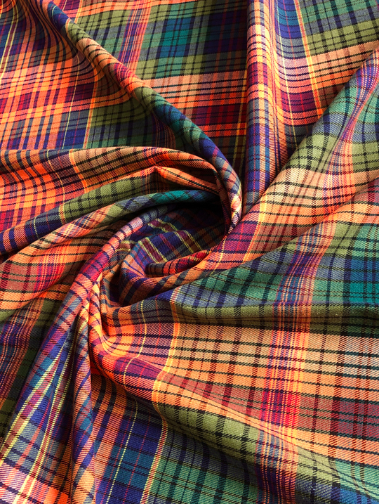 Костюмная принт клетка, оранжевый/зеленый, хлопок, вискоза