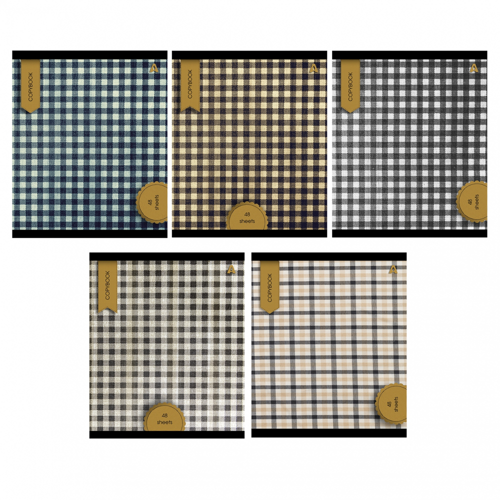 Тетрадь 48л., А5, линия, Alingar "Scotish cage. New"", скрепка, мелованый картон ( стандарт), блок офсет, 5 дизайнов в пленке т/у