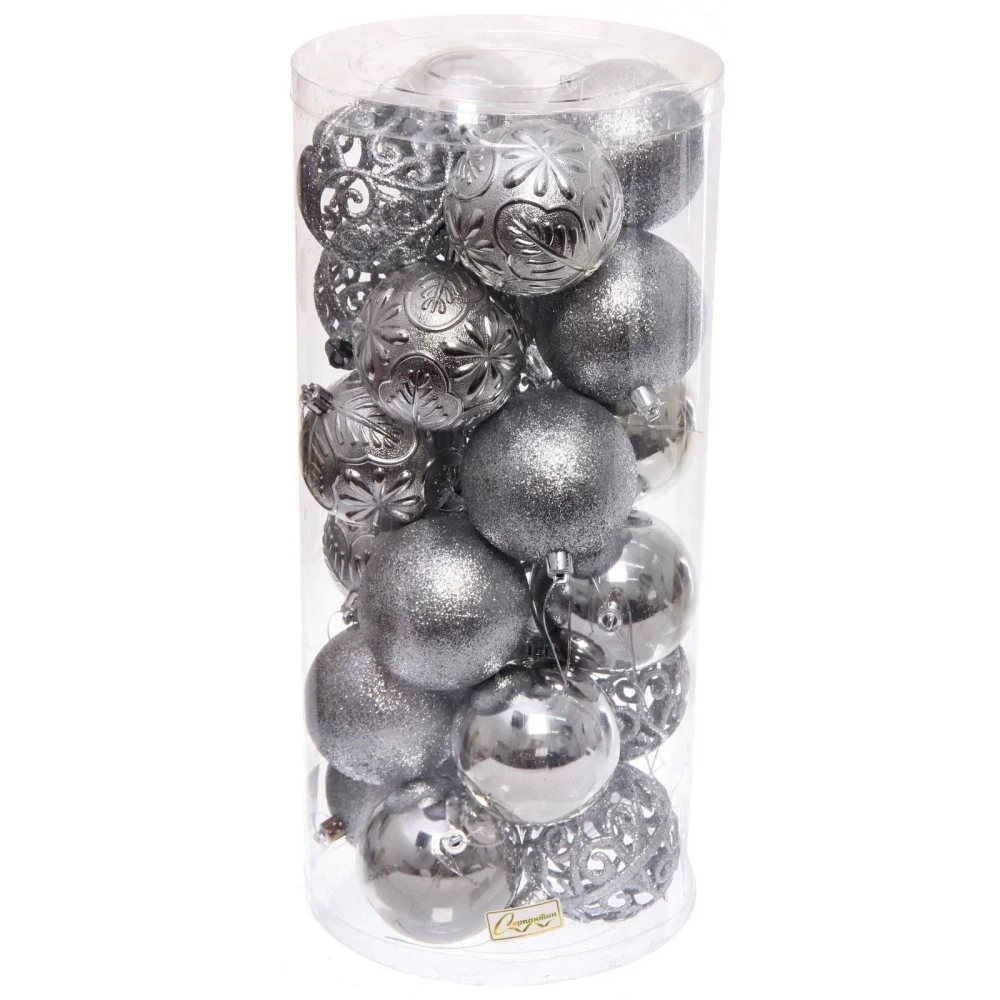 Новогодние шары 8 см (набор 24 шт) «Фактурный микс», серебро
