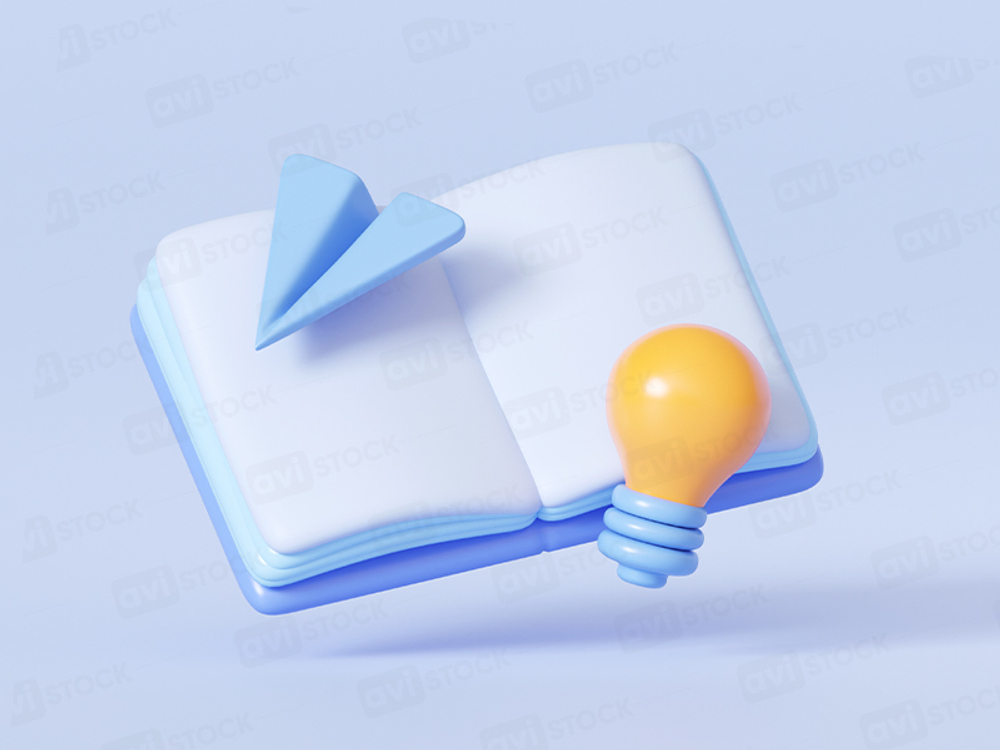 3D иллюстрация раскрытой книги с бумажным самолётиком и лампочкой — символ знаний, обучения и идей
