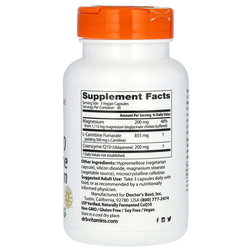 Doctor's Best, коэнзим Q10, L-карнитин и магний, 90 вегетарианских капсул