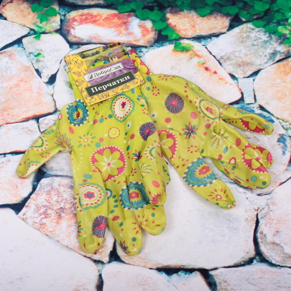 Перчатки нейлоновые «Фантазия-Цветочная поляна» с резиновым покрытием полуоблитые 8 р-р ДоброСад