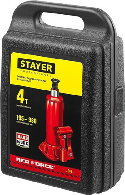 STAYER RED FORCE, в кейсе, 4 т, 195 - 380 мм, бутылочный гидравлический домкрат, Professional (43160-4-K)