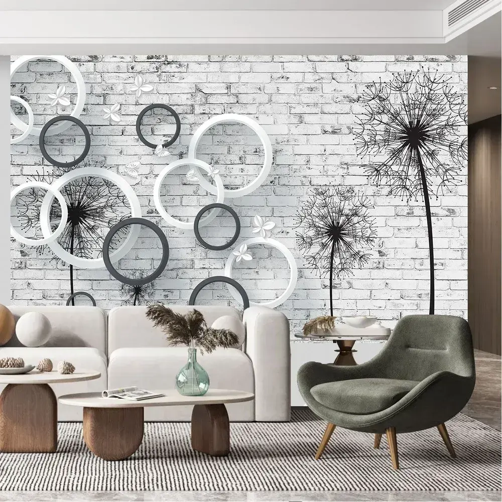 Фотообои на стену антивандальные 400х250см Одуванчики на кирпичной стене 3D винил на флизелине зеркальные