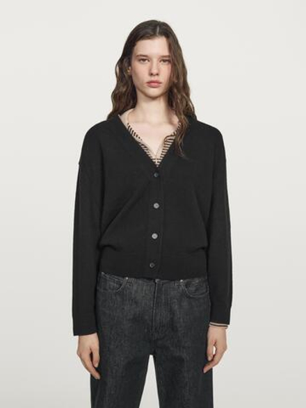 Massimo Dutti Кардиган из смесовой шерсти с V-образным вырезом, черный