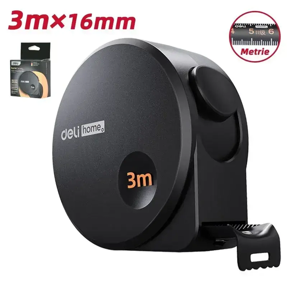 Рулетка "Home Series Black" Deli HT8316 3мх16мм (Эксклюзивный дизайн, корпус из софттач пластика, противоскользящая резиновая вставка, подарочная упаковка)