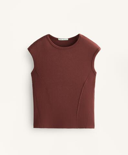 Oysho Футболка с короткими рукавами в рубчик из хлопка и модала, линялый махагон