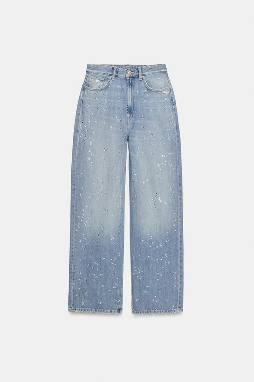 ZARA ДЖИНСЫ TRF ПРЯМОГО КРОЯ СТРАЗЫ С ВЫСОКОЙ ПОСАДКОЙ, СИНИЙ