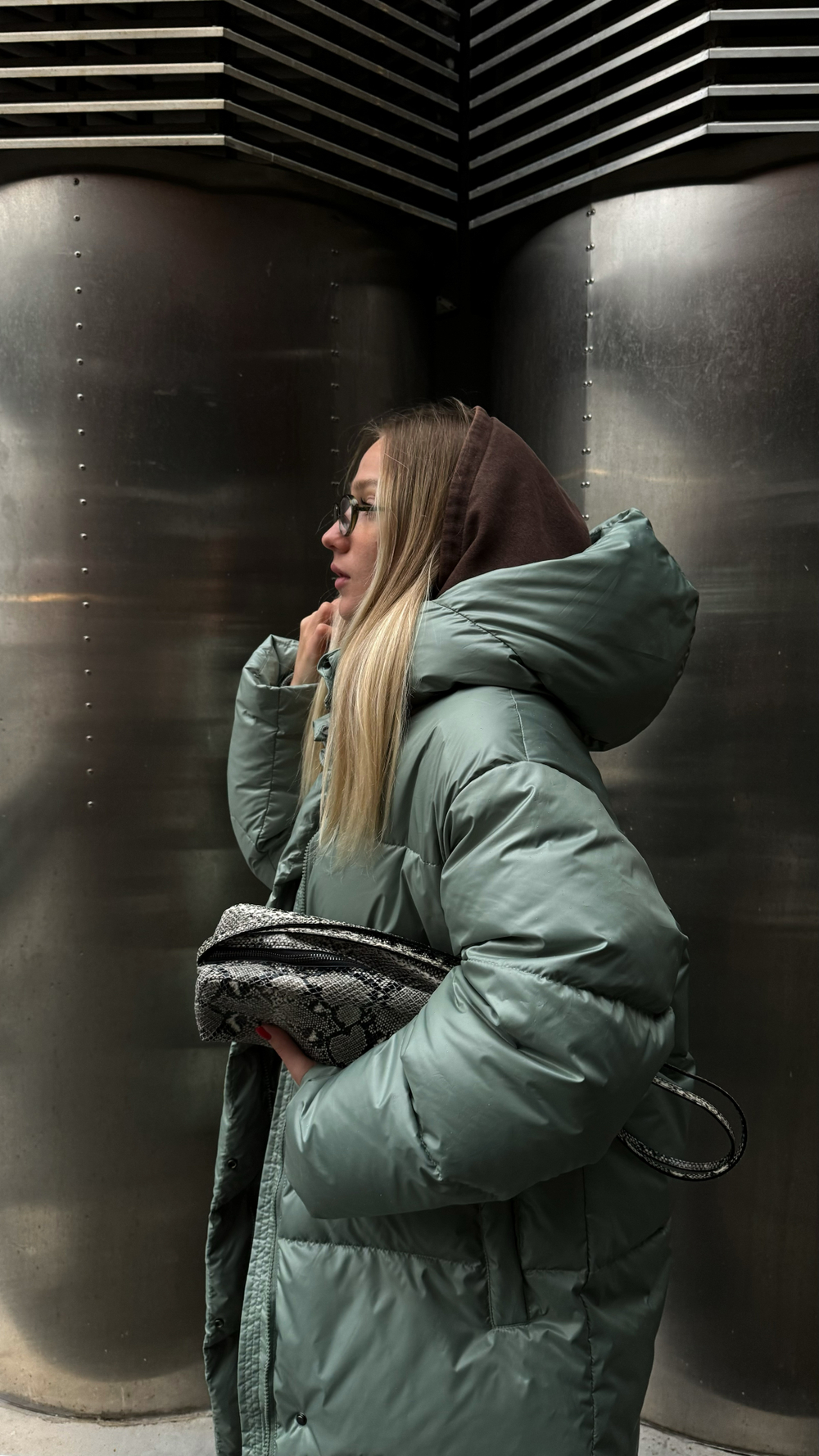 MIDI пуховик с объемным капюшоном, Green Iceberg🍃🍃🍃