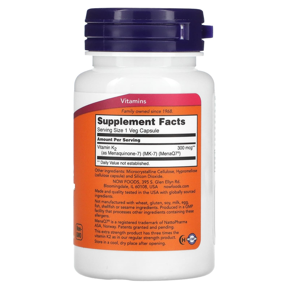 NOW Foods, MK-7, витамин K-2, 300 мкг, 60 растительных капсул