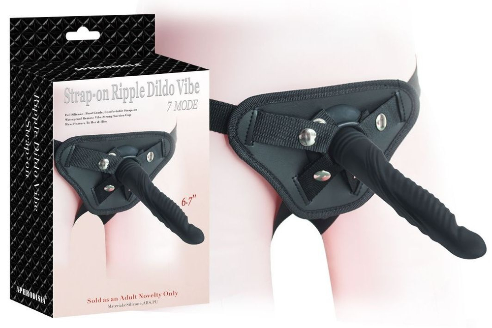 Черный вибрострапон 6.7 inch Strap-on Ripple Dildo Vibe - 21 см. (Цвет: черный)