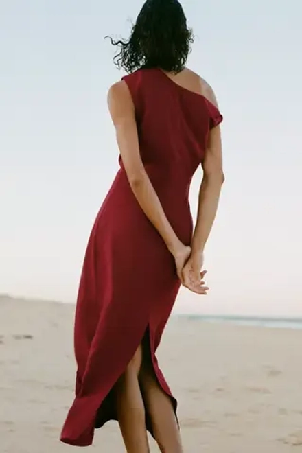 ZARA ПЛАТЬЕ МИДИ ИЗ СМЕСОВОГО ЛЬНА СО СБОРКАМИ, ГРАНАТОВЫЙ