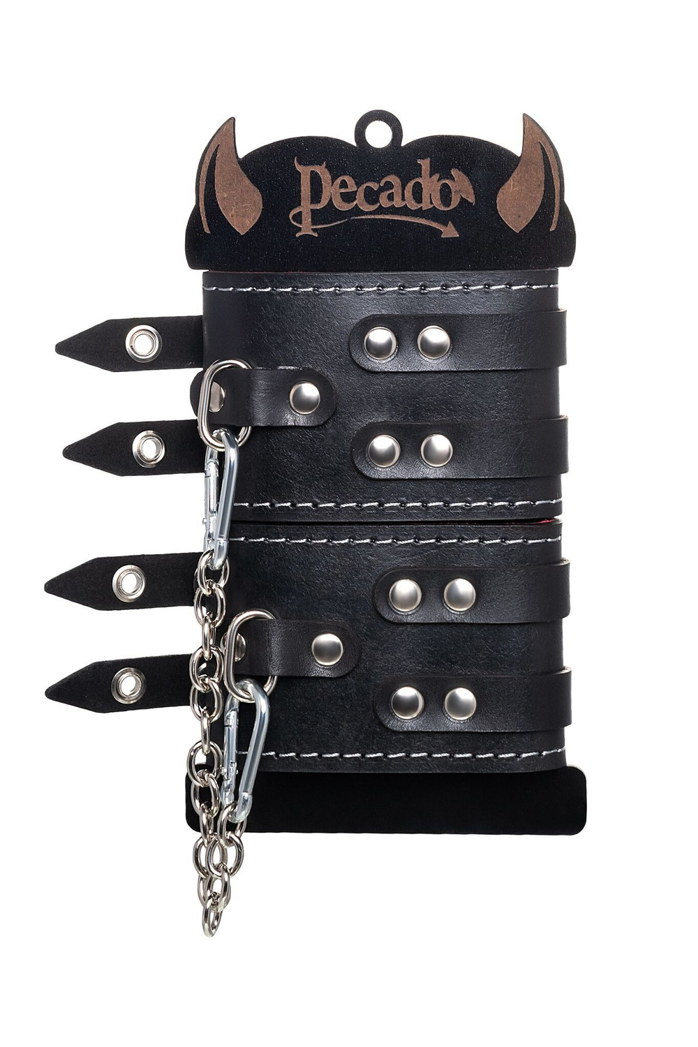 Черные кожаные оковы с двумя ремнями и красной подкладкой (Цвет: черный с красным)