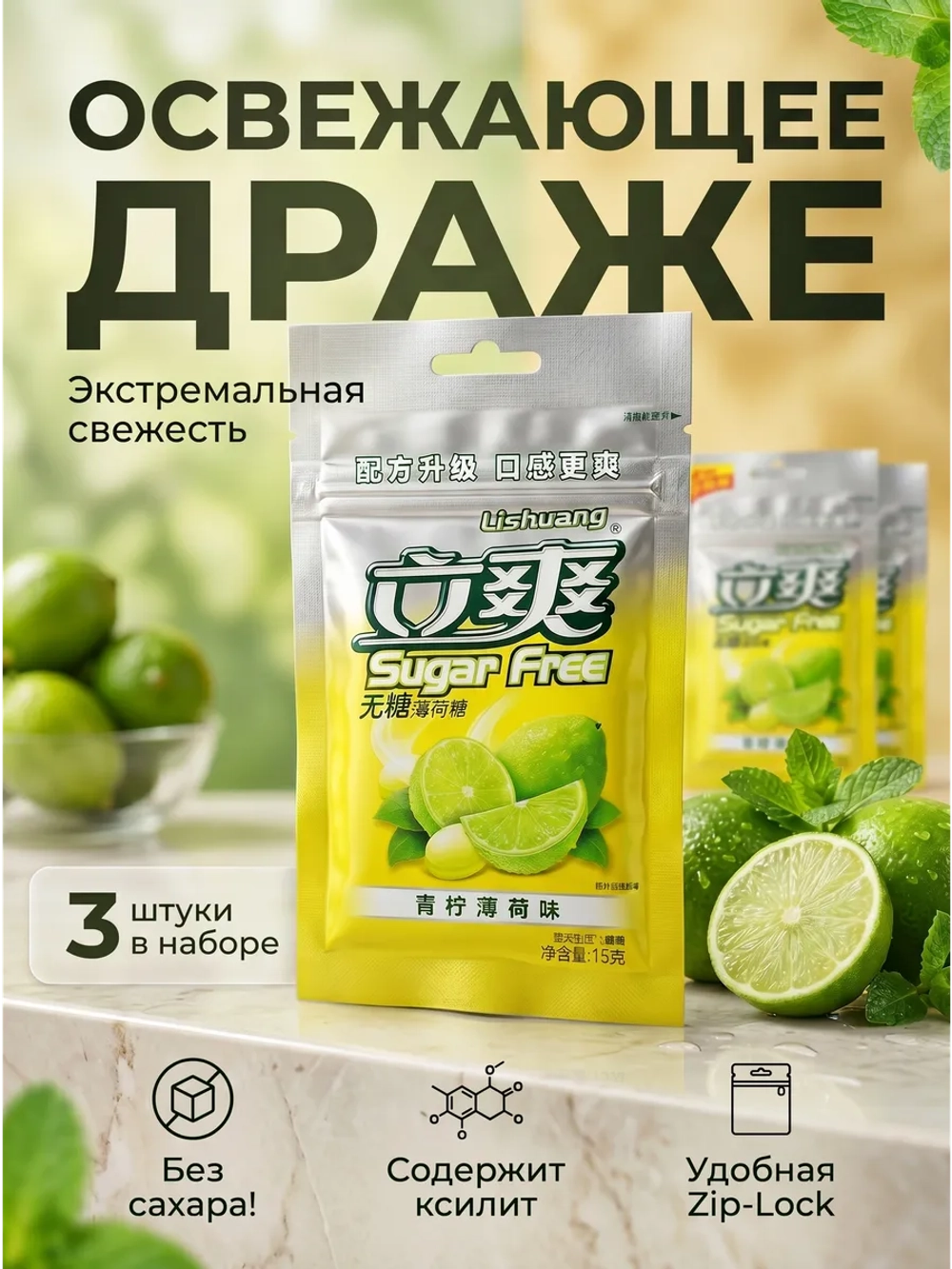 Освежающее мятное драже без сахара "Лайм" 15 г * 3 шт