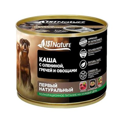 Влажный корм для собак 1STNature Каша с олениной, гречей и овощами, Банка 525 г