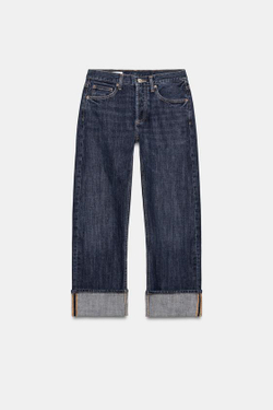 ZARA ДЖИНСЫ TRF ПРЯМОГО КРОЯ С ОТВОРОТАМИ И СРЕДНЕЙ ПОСАДКОЙ, ТЕМНЫЙ ИНДИГО