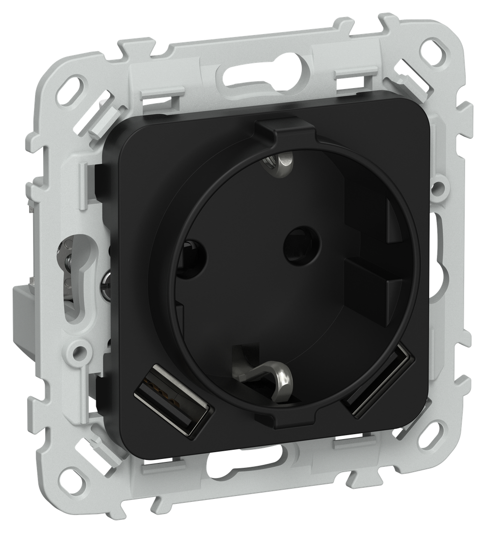 FLITE Розетка 1-местная с заземлением с защитными шторками 16А с USB A+A 3,1А безвинтовое крепление РСЮша11-1-ФлЧ черный IEK