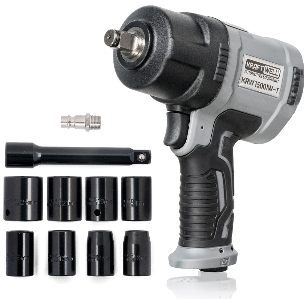 KraftWell KRW1500IW-T Гайковерт пневматический 1/2", 1500 Нм с комплектом ударных головок