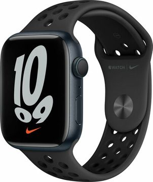 Apple Watch Nike Series 7, 45 мм, корпус из алюминия цвета «тёмная ночь», спортивный ремешок Nike цвета «антрацитовый/чёрный»
