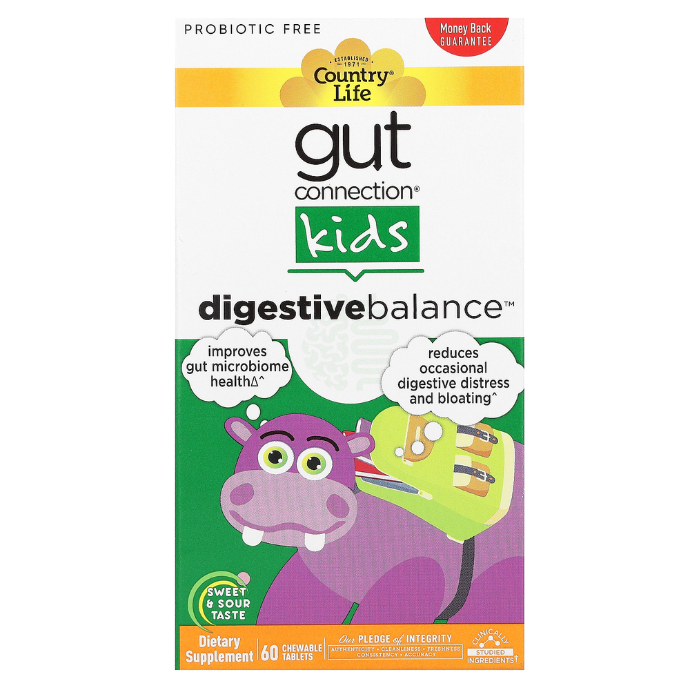 Country Life, Gut Connection Kids, когнитивный баланс, кисло-сладкий вкус, 60 жевательных таблеток