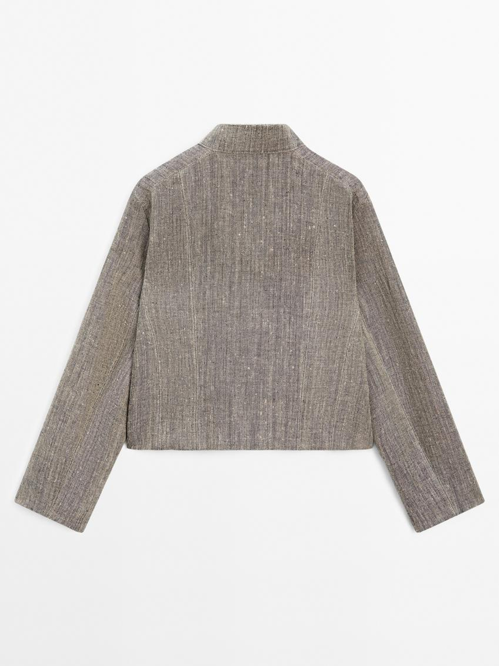 Massimo Dutti Короткая льняная куртка с воротником-стойкой, серый