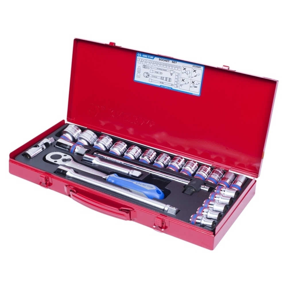 KING TONY (4528MR) Набор торцевых головок с принадлежностями 1/2", 6-гранные, 10-32 мм, 24 предмета