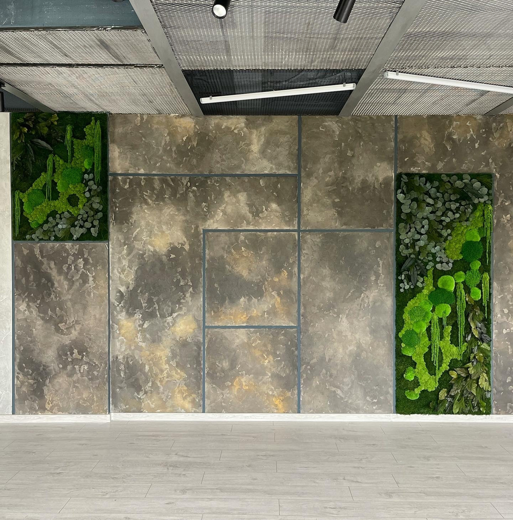 Пано из стабилизированных растений и мха различных видов для интерьера Event-агенства. г.Краснодар